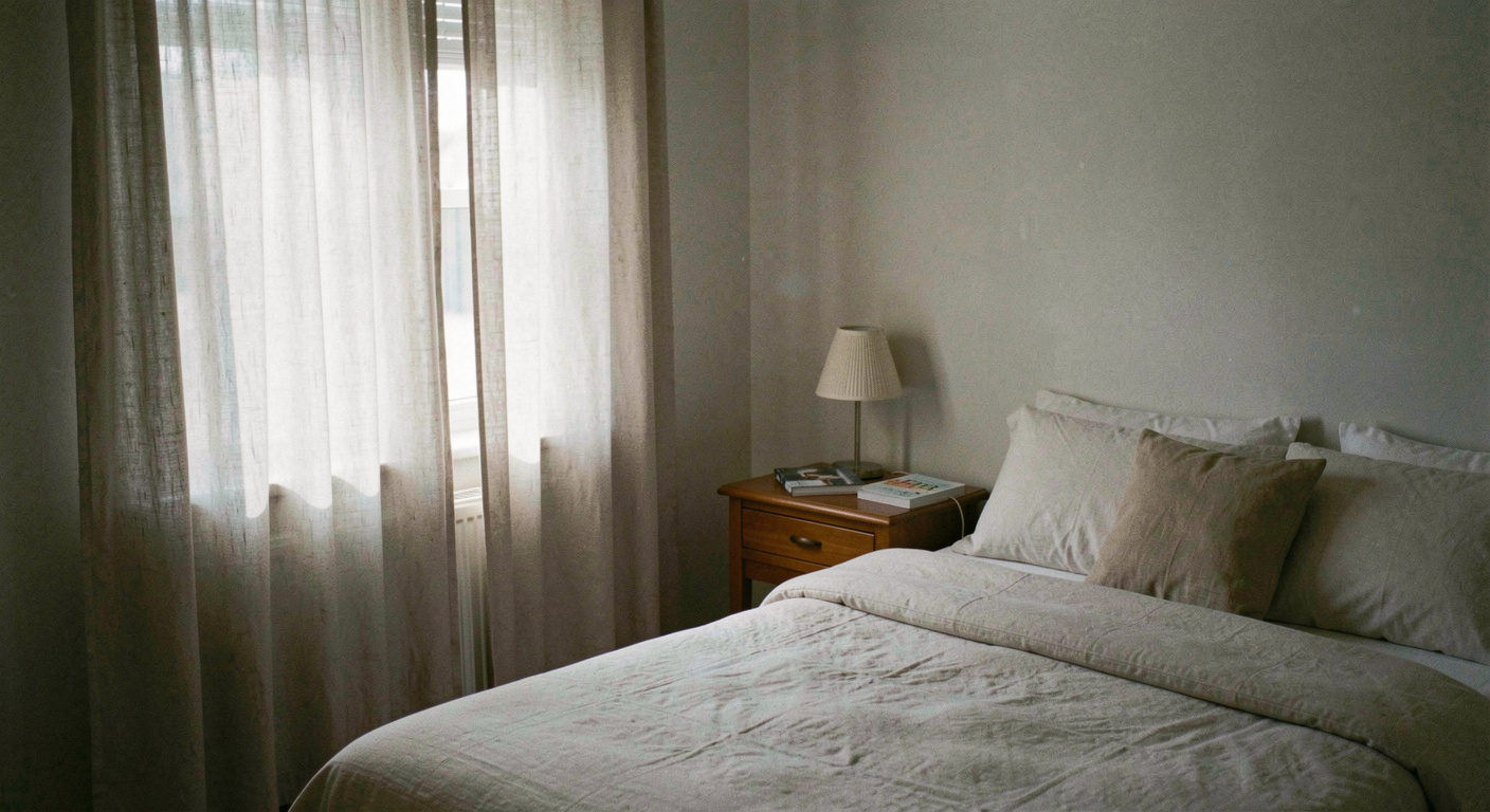 A quiet bedroom at first light, linen curtains half drawn, a made bed and a bedside table holding a small lamp and a paperback