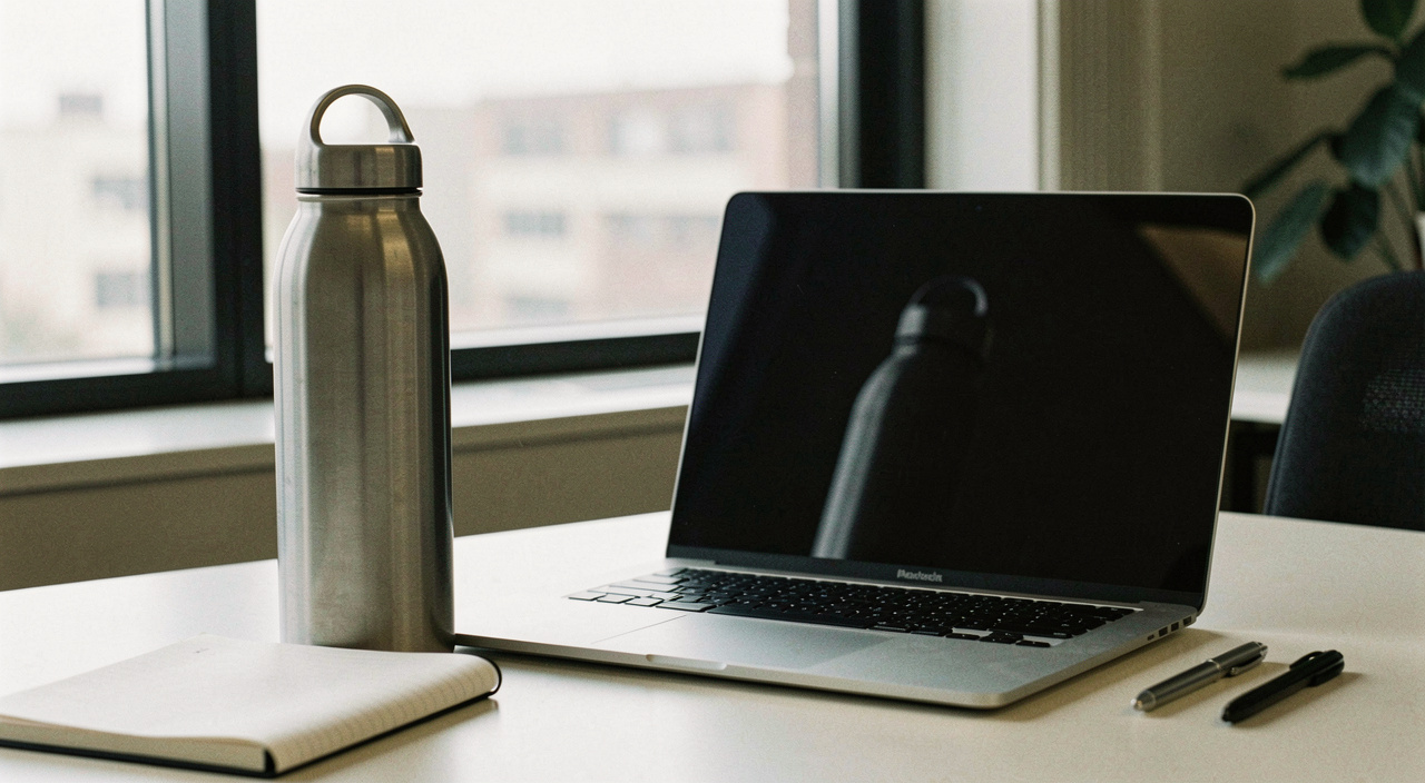 A stainless steel water bottle standing beside an open laptop on a desk, a notepad and a pen next to it and an office window behind