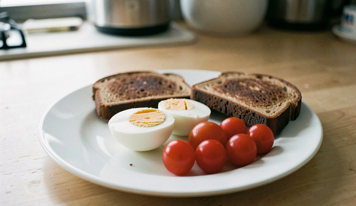 A plain white plate on a kitchen table holding a boiled egg cut in half, two slices of dark toast and a handful of cherry tomatoes