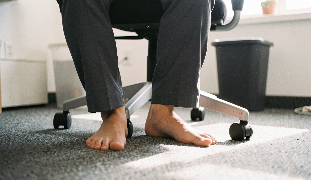 A pair of feet flat on the floor beneath an office chair, the seat edge and a pair of trousers visible above, a bin and a carpet in the background