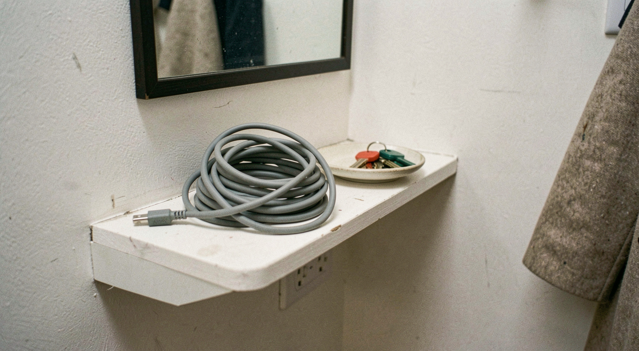 A phone charging cable coiled on a narrow hallway shelf under a mirror, a set of keys in a dish beside it and a coat sleeve visible at the edge of the frame