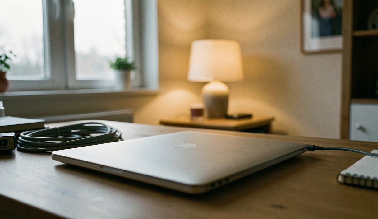 A closed laptop on a home desk in the evening with a cable coiled beside it and one lamp lit at the far side of the room