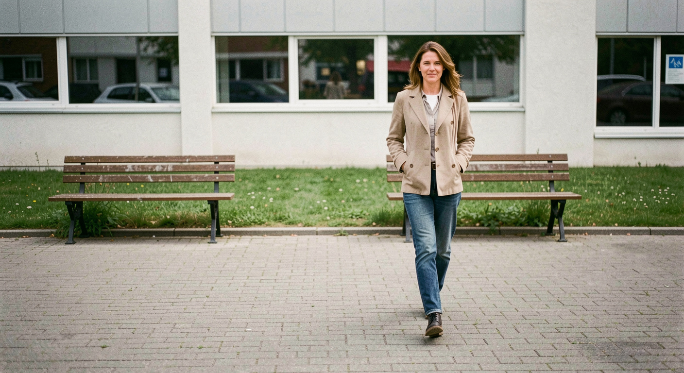 A paved courtyard behind an office with two wooden benches and a strip of grass, a woman walking the perimeter with her hands in her pockets