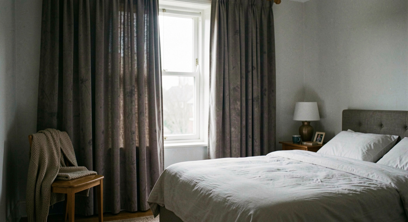 A bedroom with heavy curtains pulled fully open onto a bright grey morning, a made bed and a chair with a jumper over it