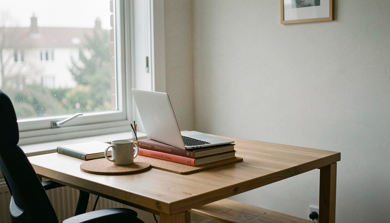 A simple home desk beside a window, an office chair pushed back, a laptop raised on two books and a mug on a cork mat