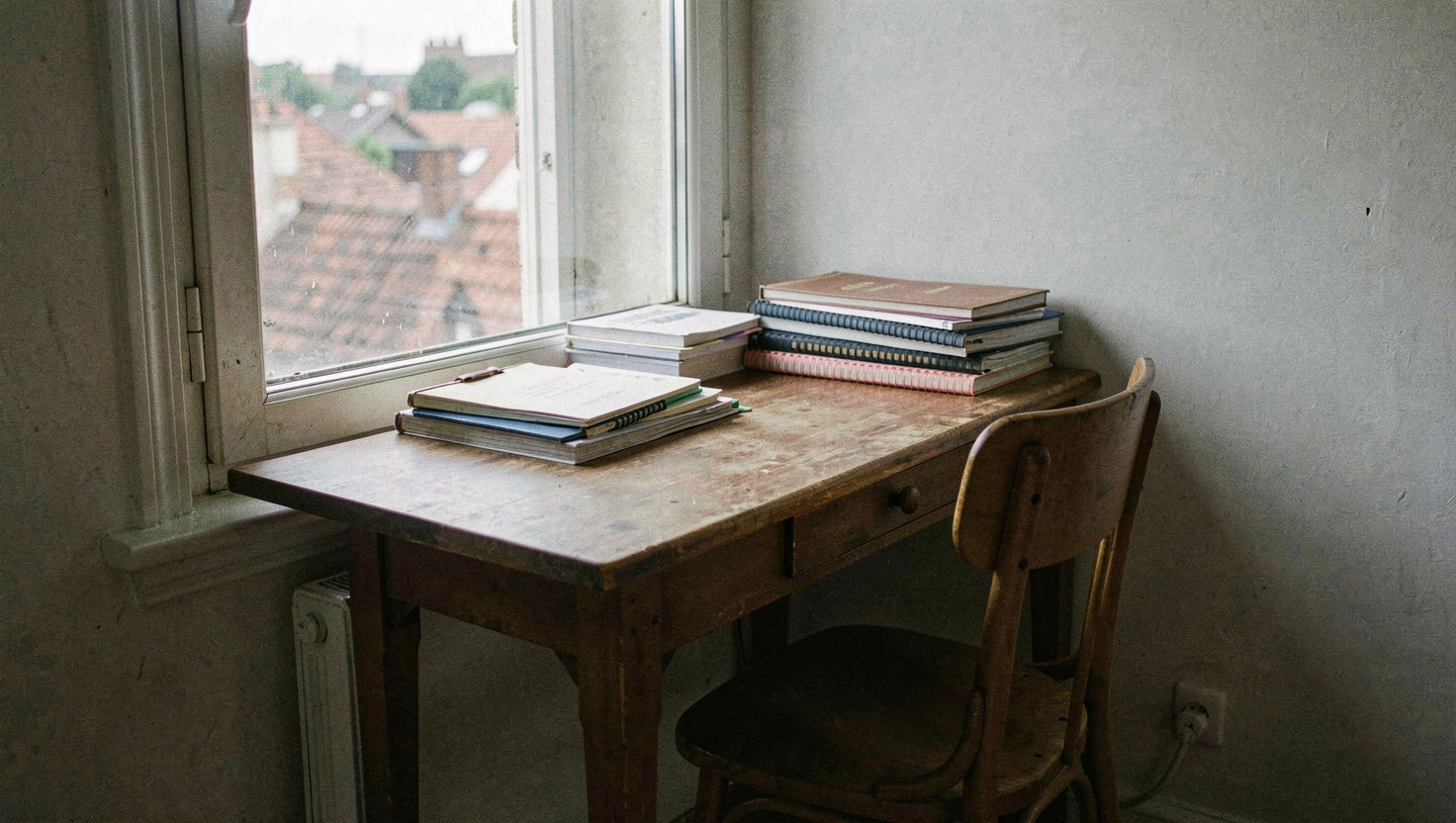 A small writing desk pushed sideways against a window with a chair tucked under it, notebooks stacked on the sill and a view of rooftops outside