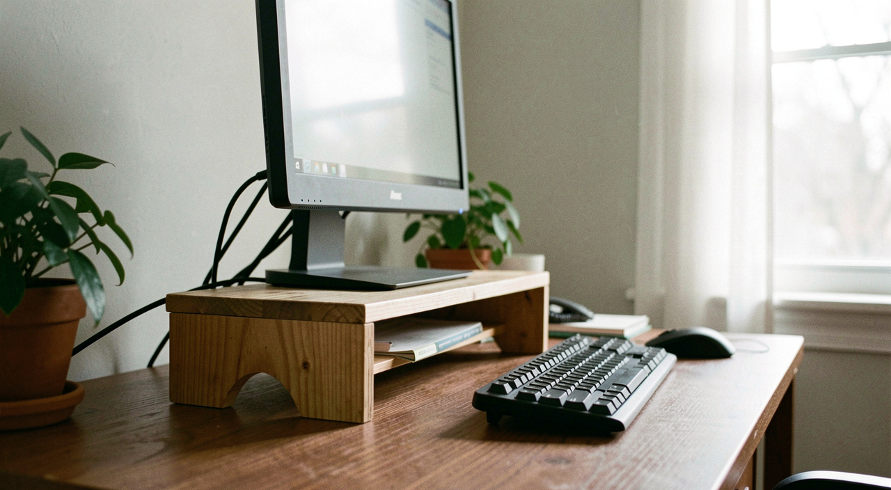 A home desk photographed from the side, a monitor raised on a wooden riser, a keyboard in front of it and daylight from a window