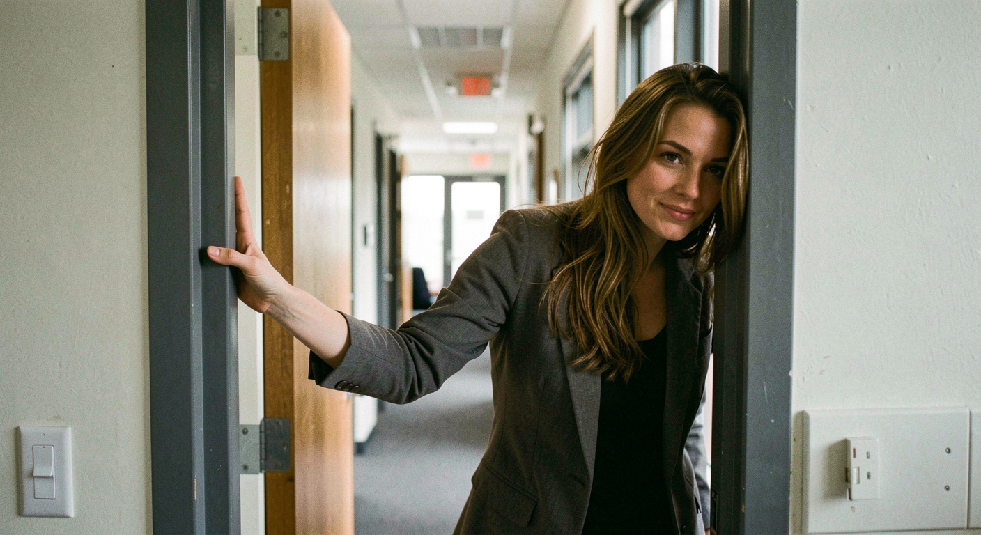 A woman standing in an office doorway with one forearm against the frame, leaning gently forward, a corridor behind her
