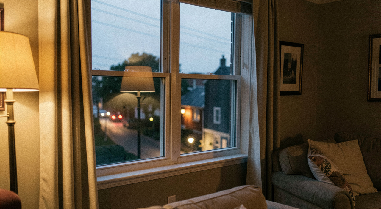 A living room window at dusk seen from inside, street lights coming on below and the reflection of a warm lamp in the glass