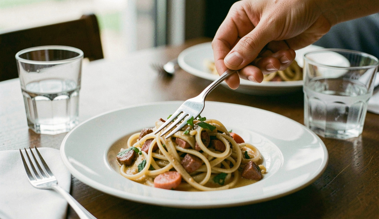 A hand laying a fork down on the edge of a plate of pasta, a glass of water and a folded napkin on the table beside it