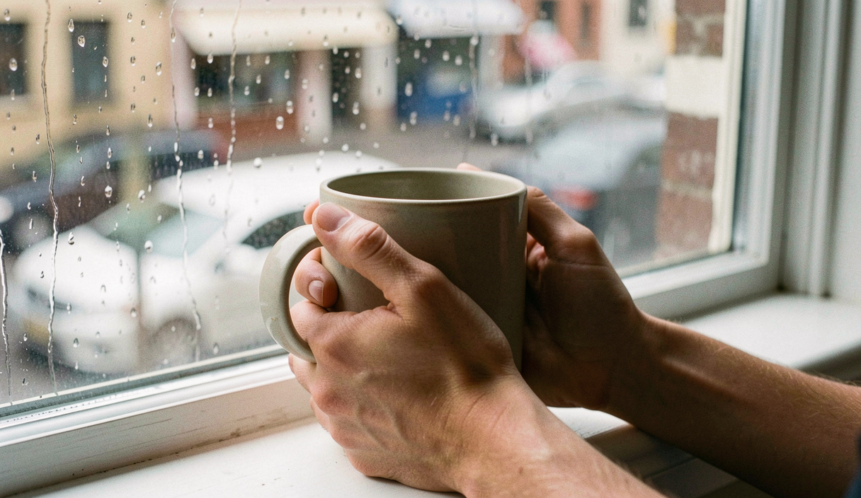 Two hands wrapped around a plain ceramic mug on a windowsill, rain on the glass, a blurred street below