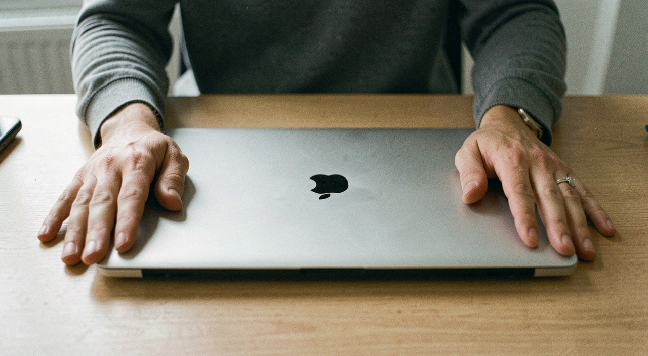 A pair of hands resting flat on a desk either side of a closed laptop, the person's shoulders visible and lowered, an office window out of focus behind