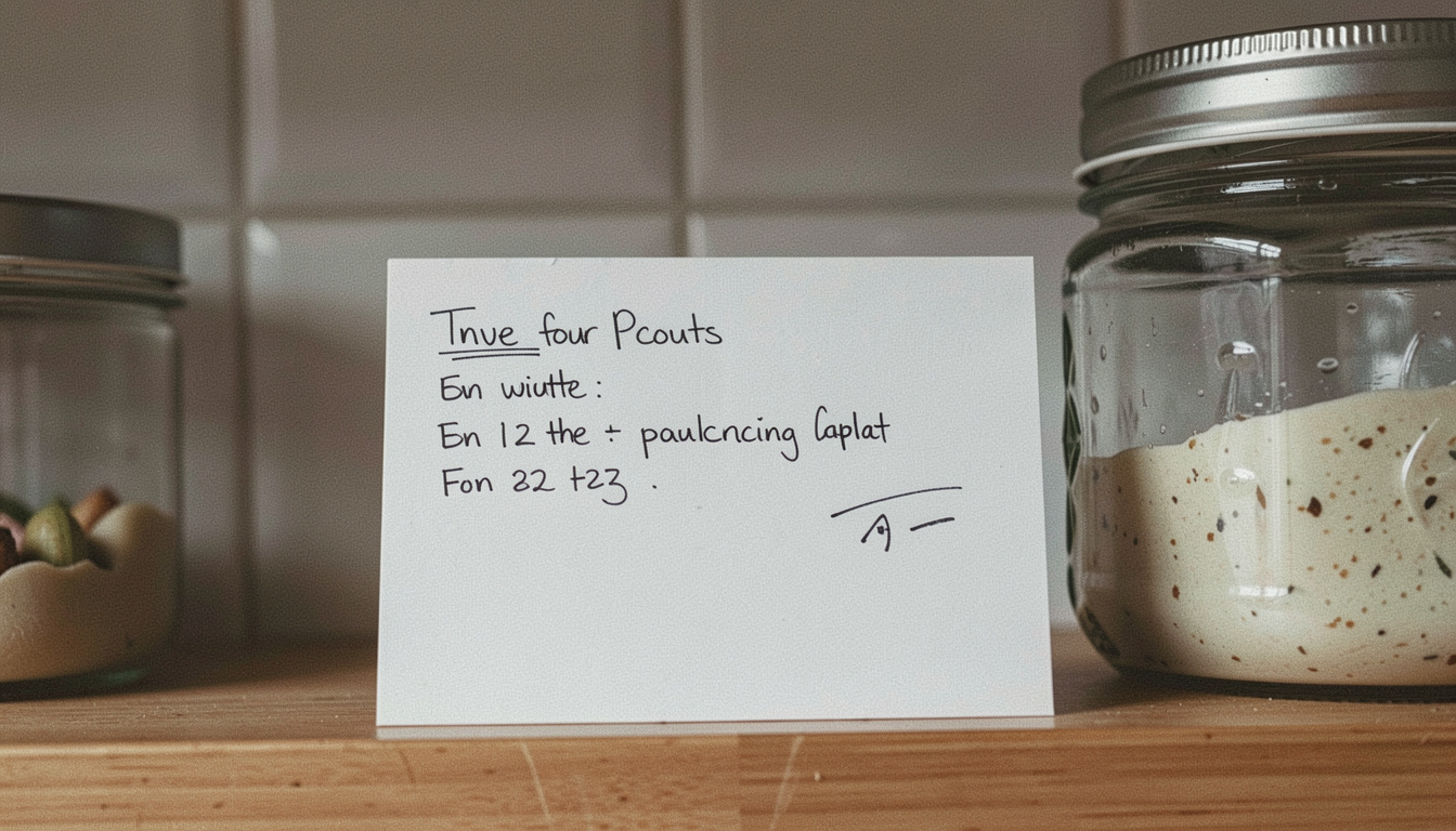 A plain index card on a kitchen shelf with a short handwritten list and a few pencil marks beside it, propped against a jar
