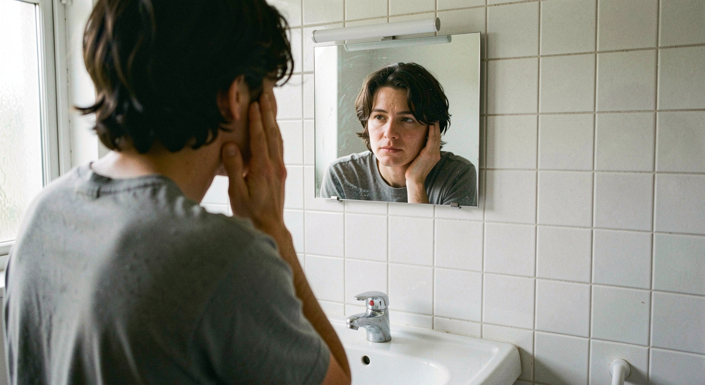 A person standing at a bathroom basin with one hand resting along the jaw, looking at their reflection in a small mirror above white tiles