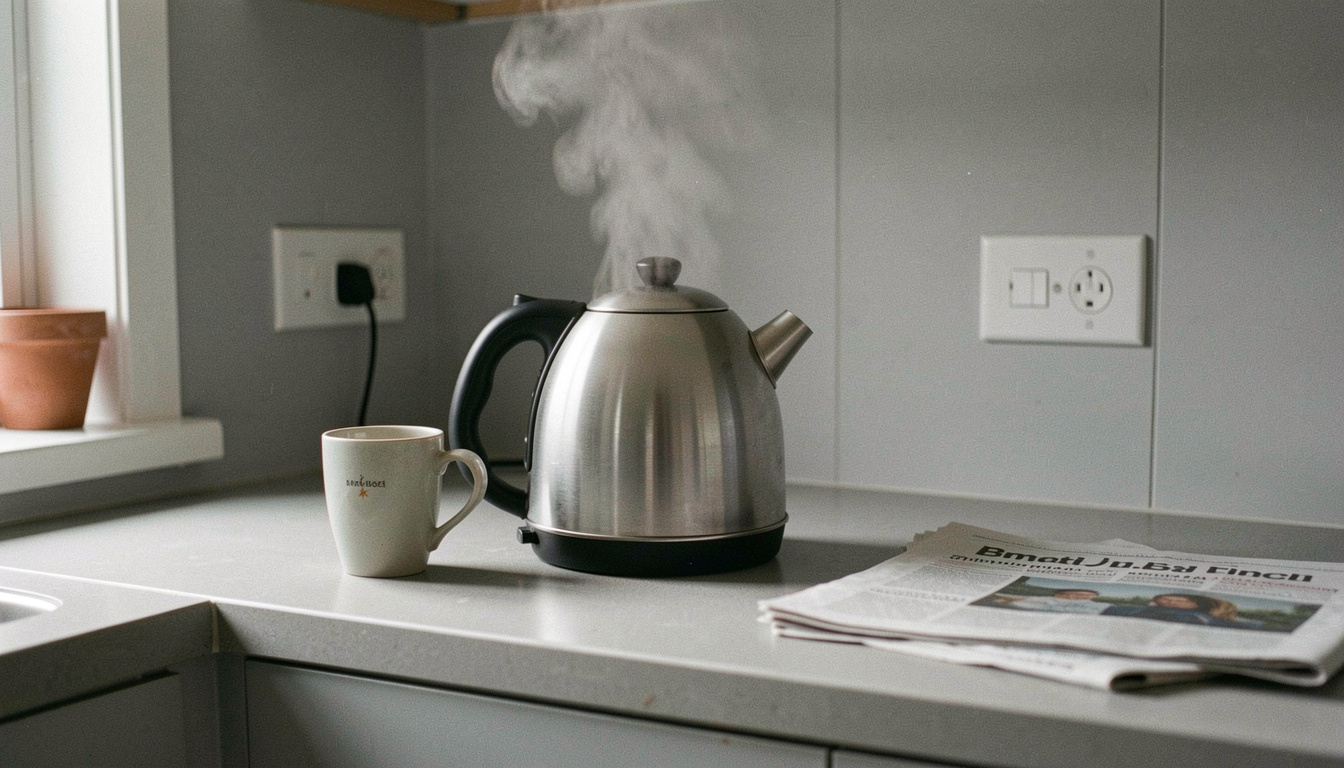 A kettle steaming on a kitchen worktop in flat grey morning light, a single mug beside it and an unopened newspaper along the counter