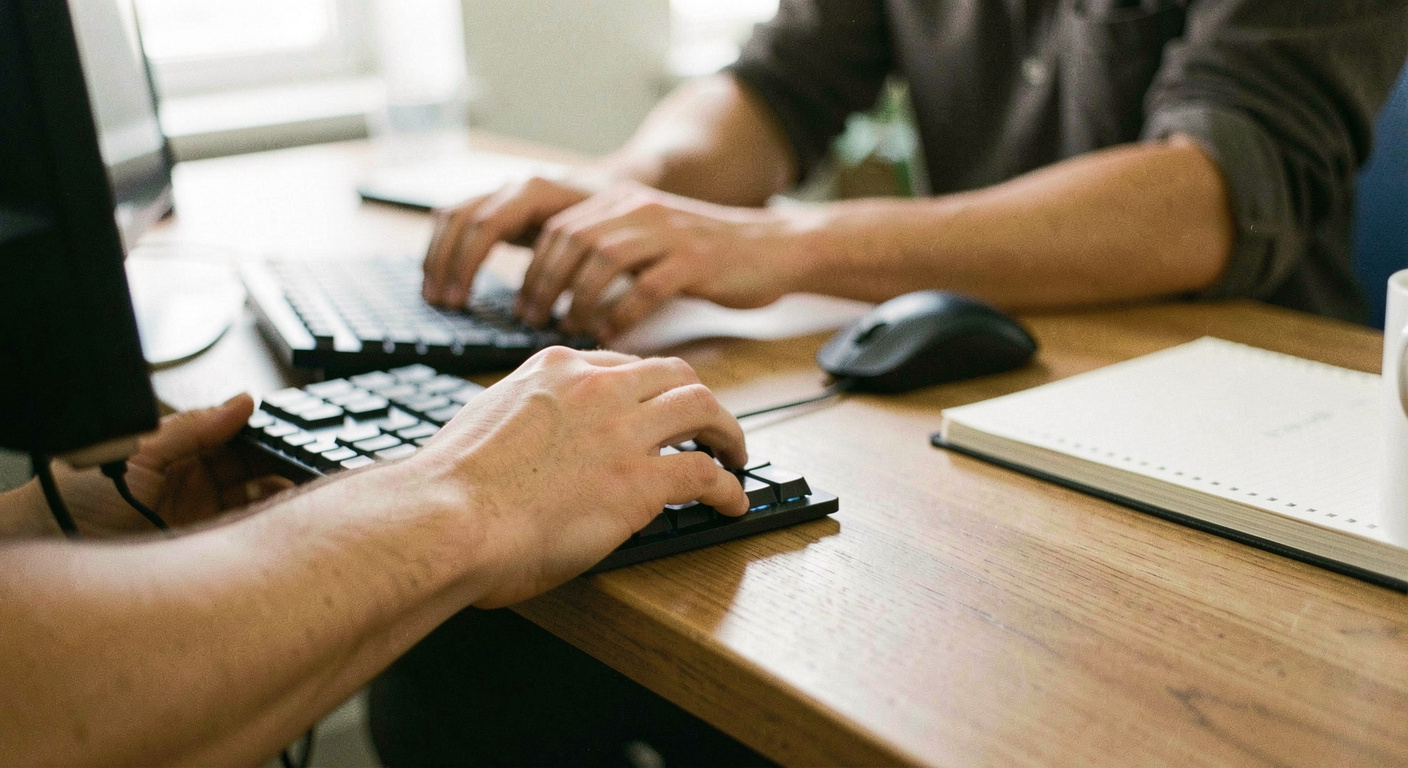 A pair of forearms resting on the front edge of a desk while typing on a low profile keyboard, a mouse to the right and a notebook beside it