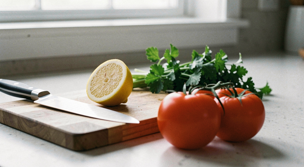 A kitchen counter in daylight with a wooden board, a knife, half a lemon, a bunch of parsley and three tomatoes waiting to be cut