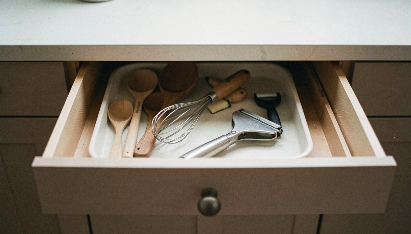 An open kitchen drawer with wooden spoons, a whisk and a peeler arranged in a shallow tray, the worktop above it clear