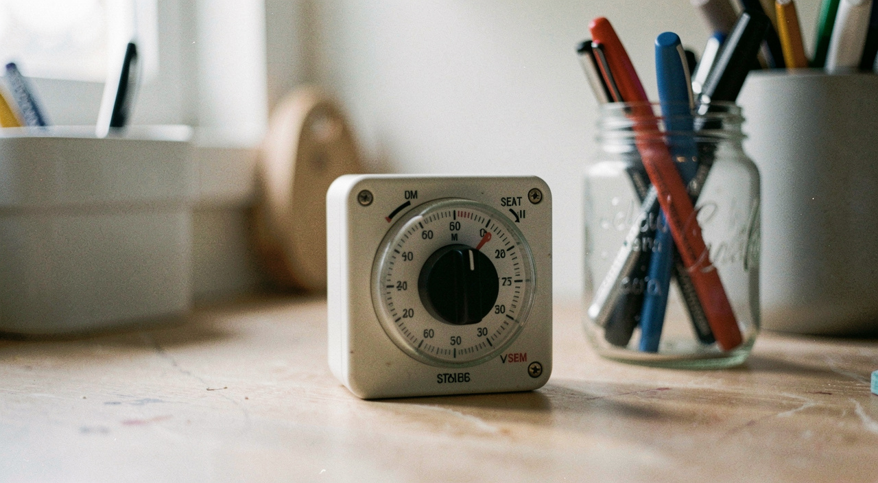 A small mechanical kitchen timer standing on a worktop next to a jar of pens, its dial turned to just past the start