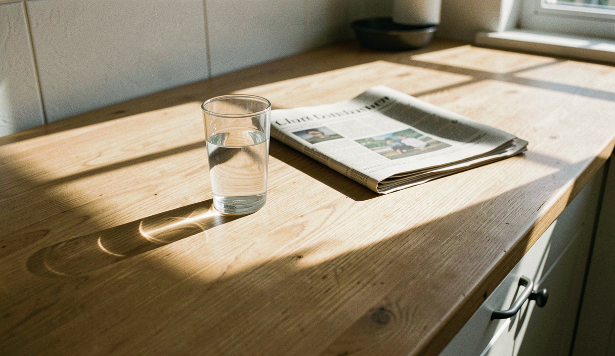 Late morning sunlight falling across a plain wooden kitchen table, a glass of water and a folded newspaper resting on it, the shadow of a window frame drawn over the grain