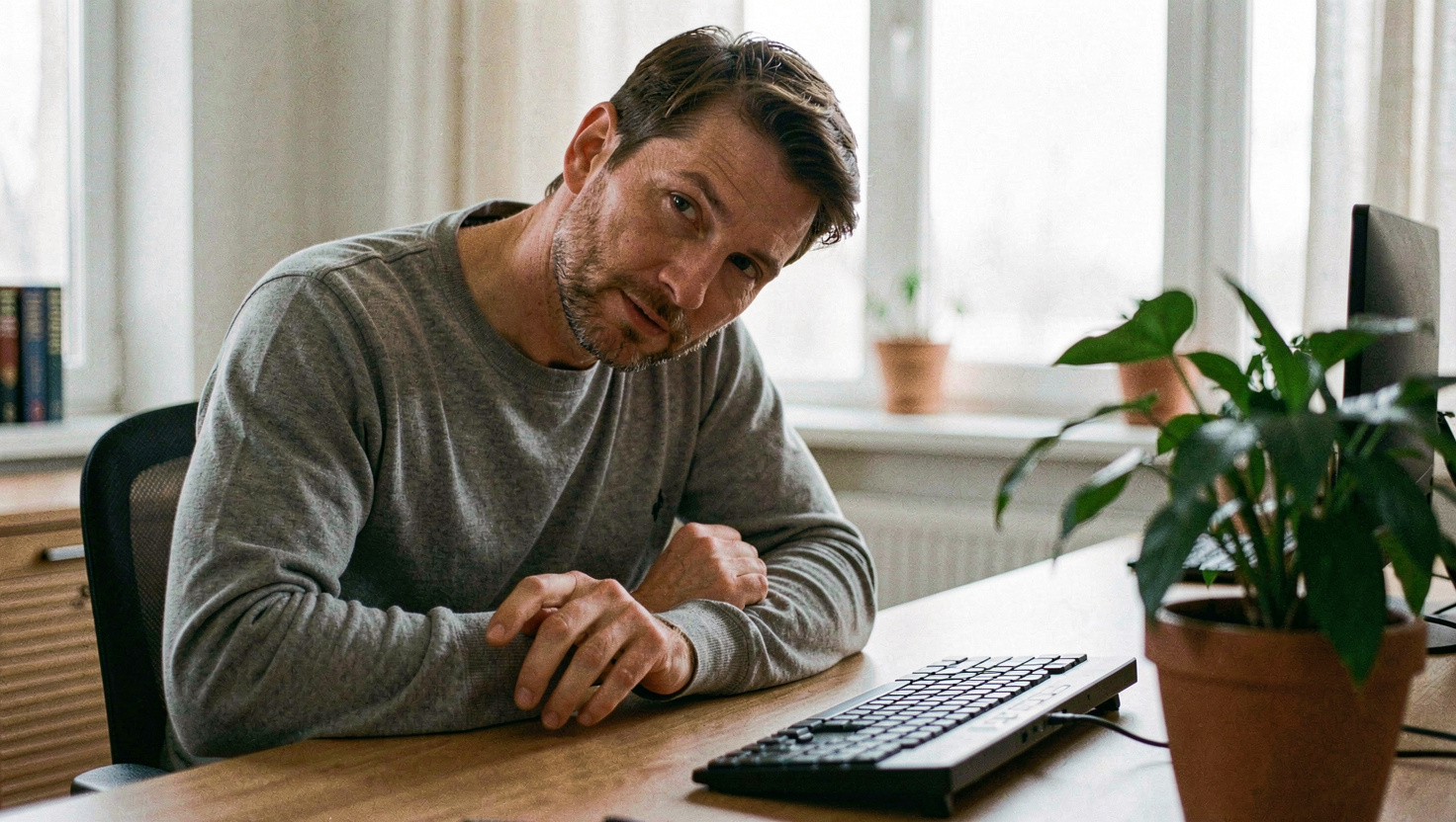 A man seated at a desk with his head tilted towards one shoulder and the opposite hand hanging loose at his side, a keyboard and a plant in front of him