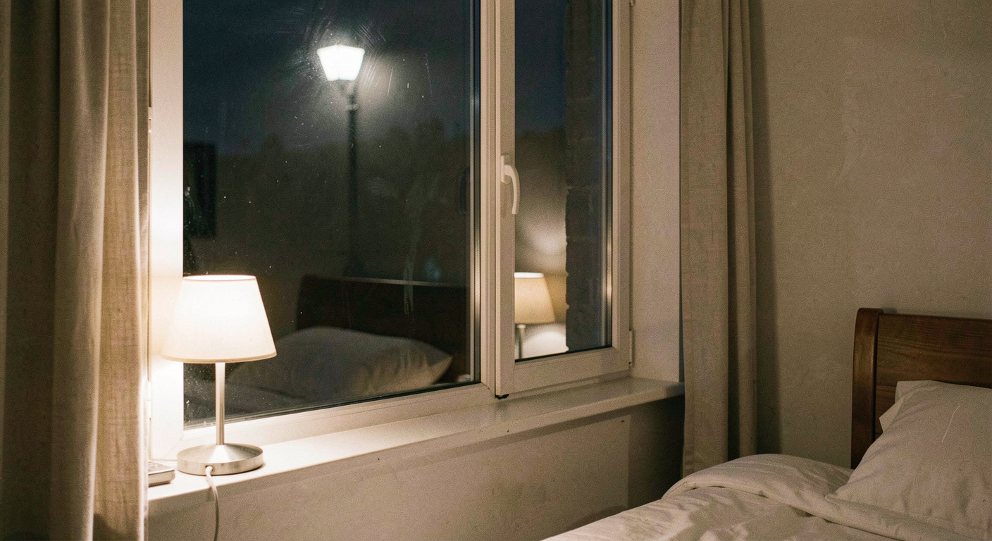A bedroom window at night seen from inside, a street lamp glowing beyond the glass and a low bedside lamp reflected in the pane