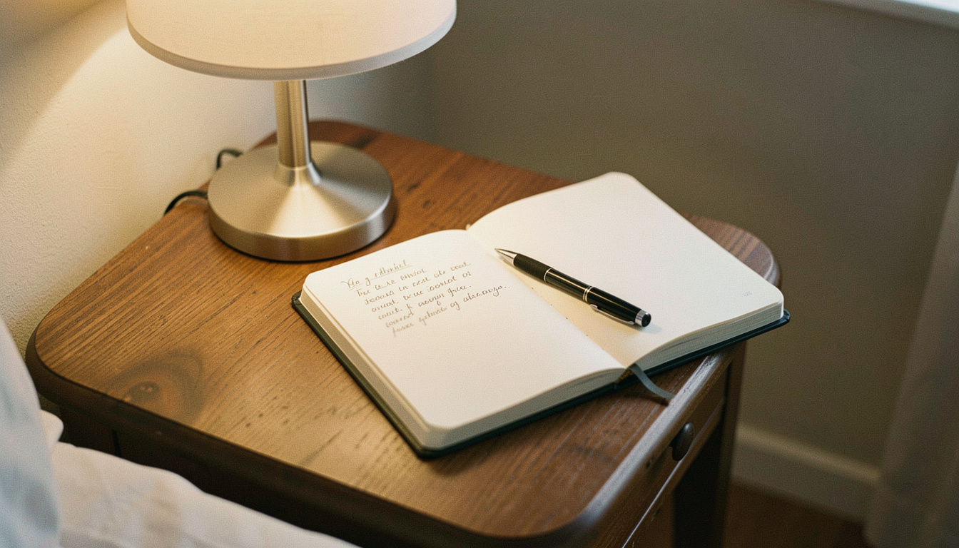 A small hardback notebook open on a side table under a warm lamp, a few lines of handwriting on the page and a pen across it