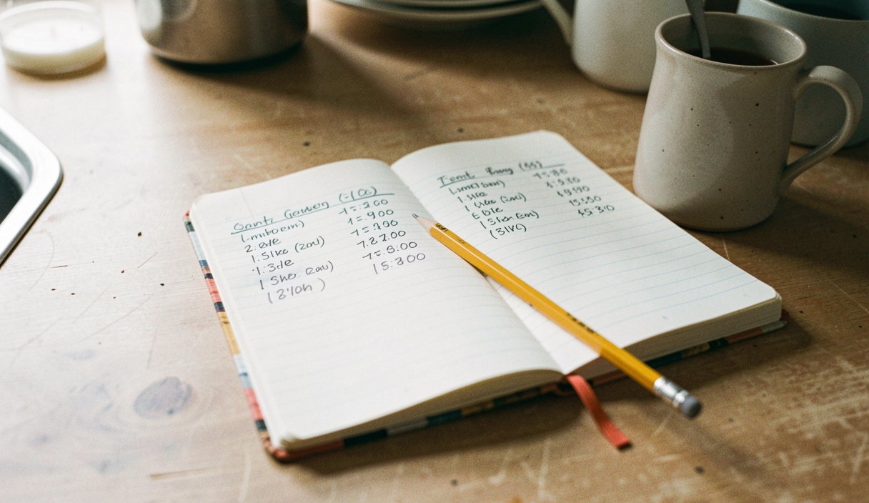 A small ruled notebook open on a kitchen table showing two columns of handwritten times, a short pencil laid across the page beside a mug