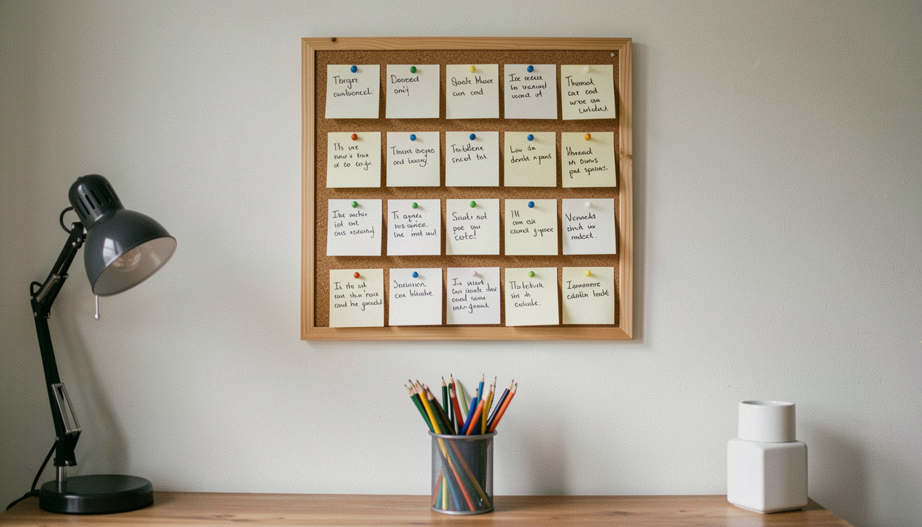 A small corkboard above a desk with handwritten index cards pinned to it in rows, a lamp to one side and a pot of pencils below