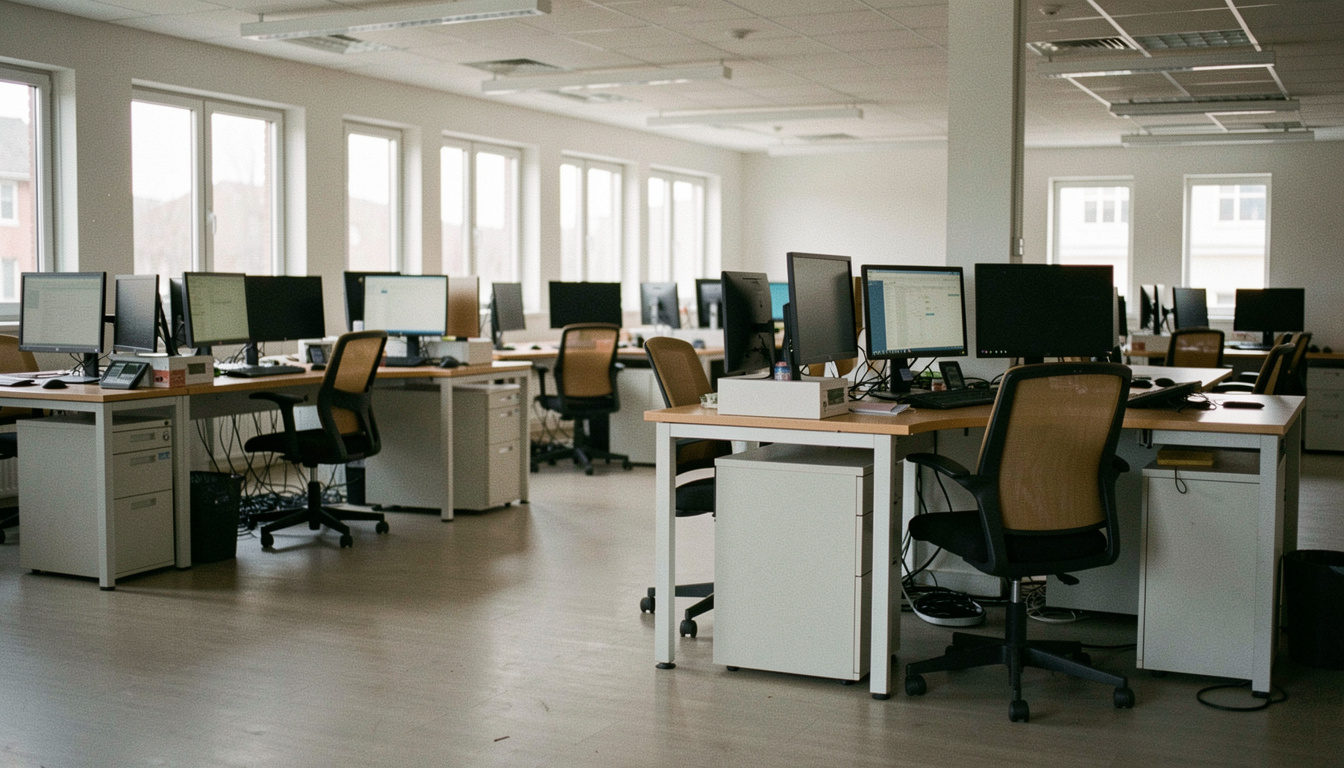 An open plan office in daylight with rows of desks, monitors on risers and an empty chair pushed back at the nearest one