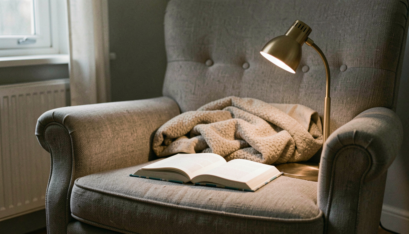 A paperback lying open face down on the arm of an armchair beneath a small angled reading lamp, a blanket bunched on the seat