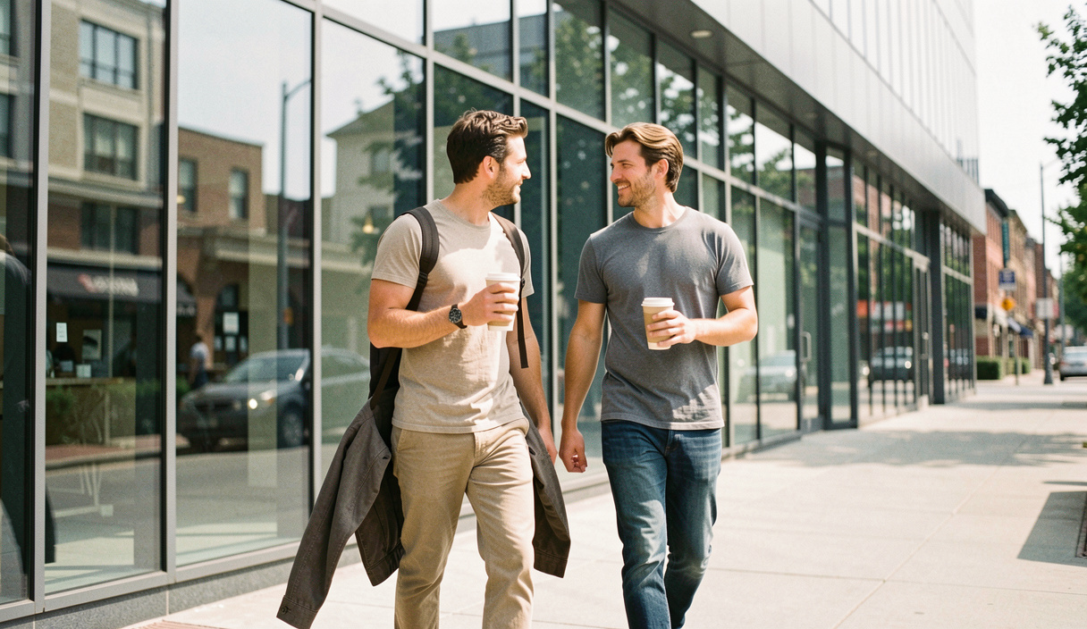 Two colleagues walking along a pavement beside a glass office building just after midday, jackets left behind, one carrying a paper cup