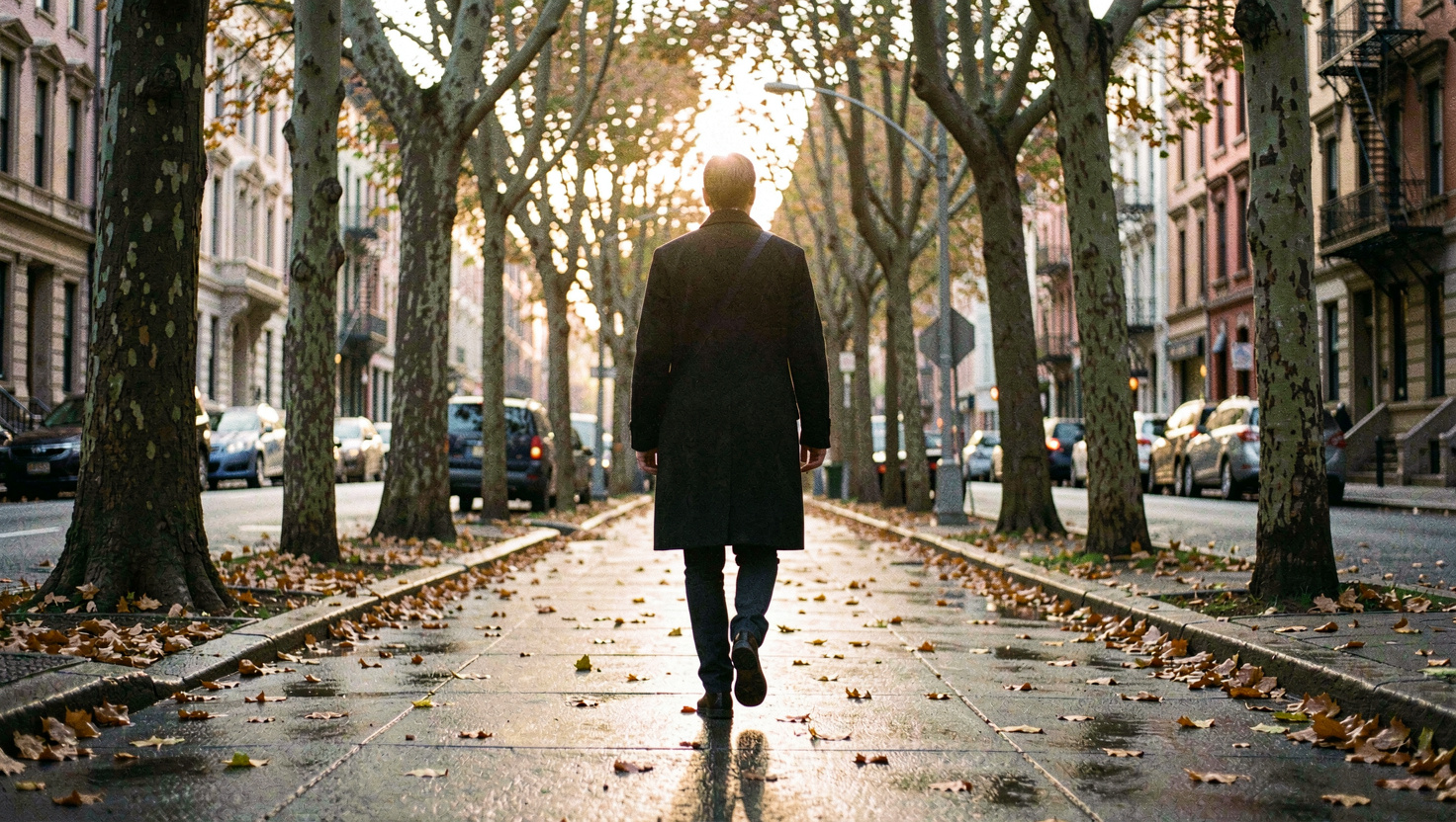 A person in a dark coat walking along a wet city pavement lined with plane trees, fallen leaves under their shoes, low afternoon sun ahead