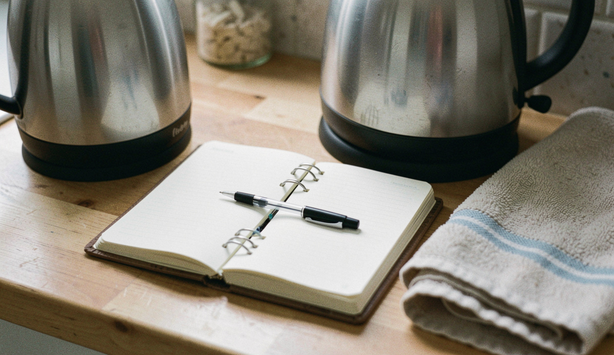 A pocket diary open on a kitchen counter beside a kettle, a biro resting in the crease of the page, a tea towel folded to one side