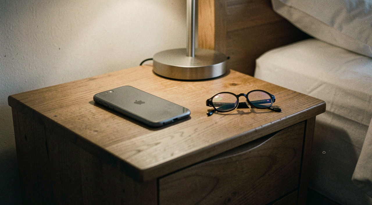 A phone lying face down on a wooden nightstand next to a folded pair of reading glasses, the room lit only by a low lamp
