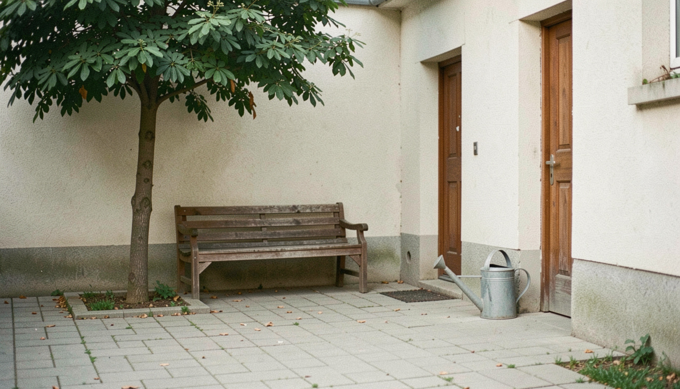 A small paved courtyard with a wooden bench in the shade of a tree, a doorway to one side and a watering can beside the wall