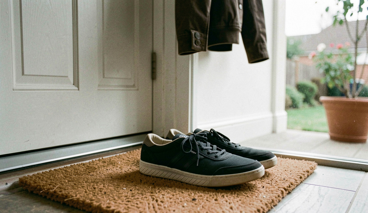 A pair of trainers set out neatly on a doormat by a front door with a jacket on the hook above them