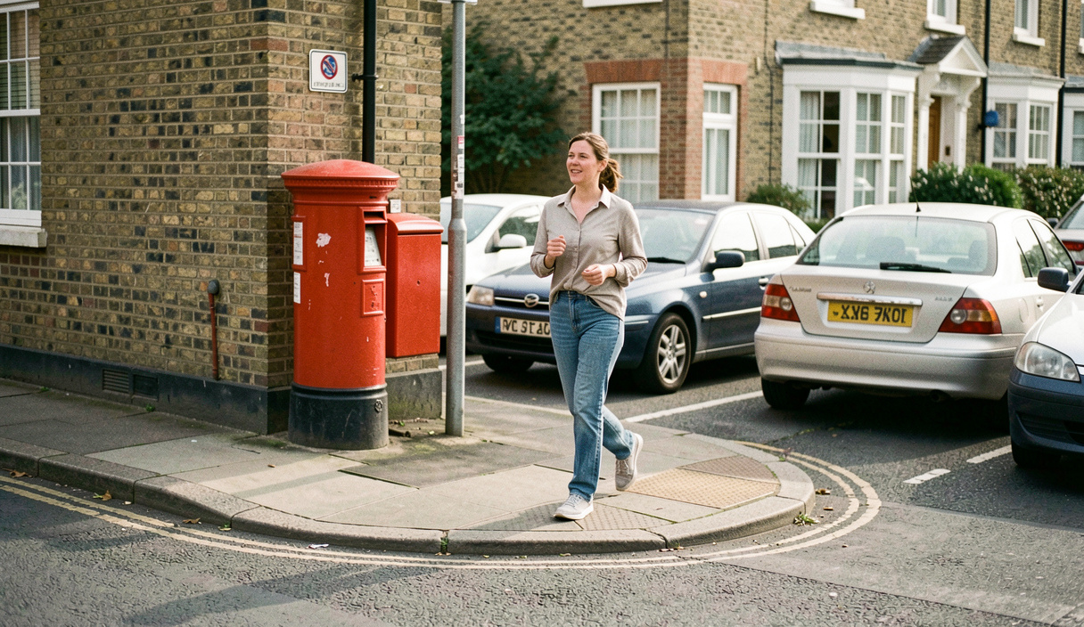 A residential street corner in mid morning with a woman rounding it at an easy pace, a red postbox and parked cars behind her
