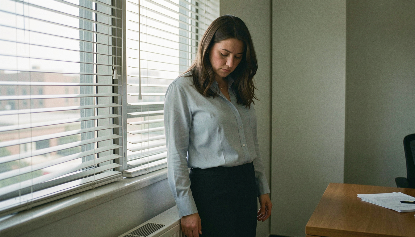 A woman standing at an office window with her shoulders visibly dropped and her arms loose at her sides, blinds half open