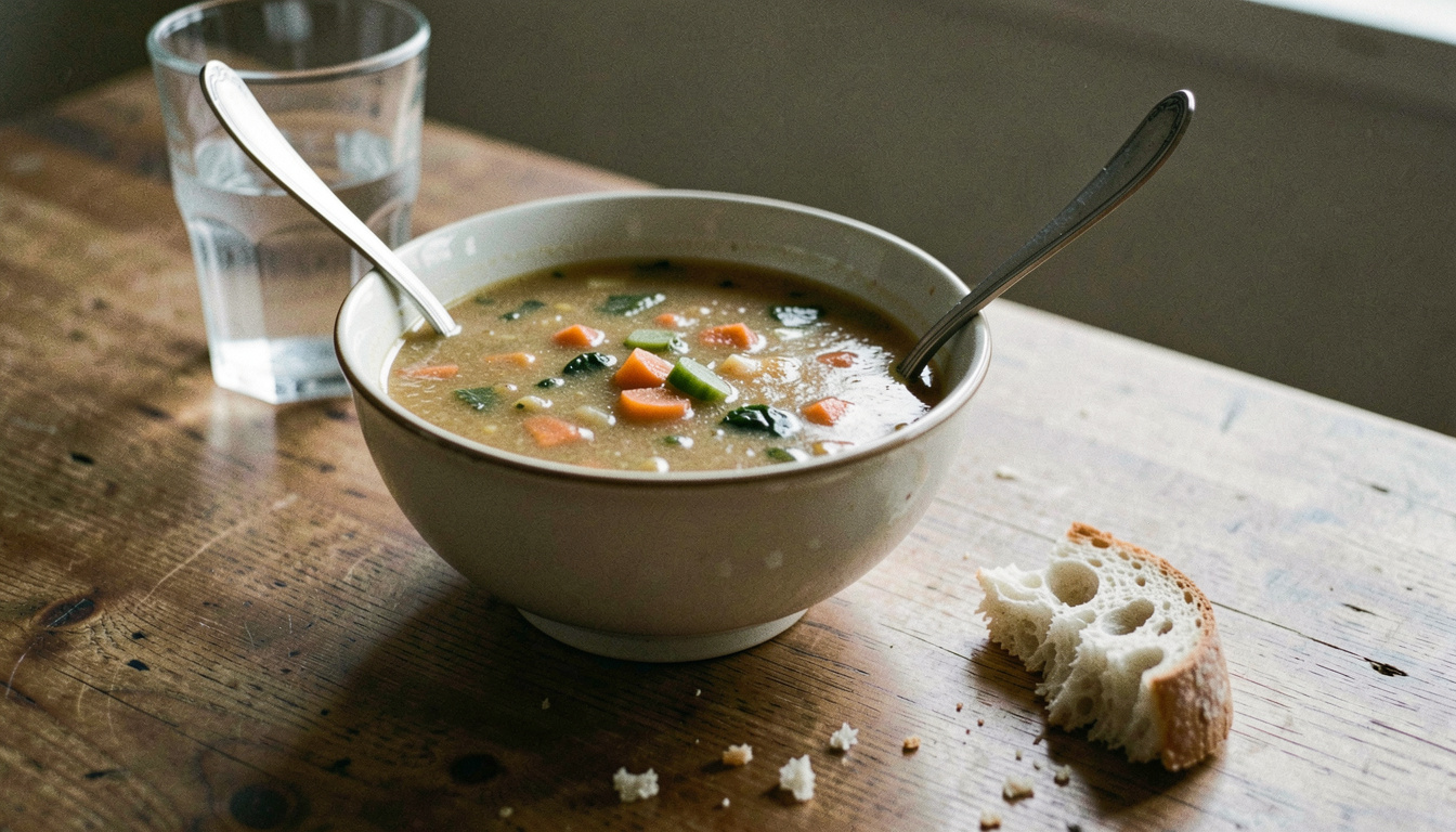 A bowl of thick vegetable soup on a wooden table with a spoon resting against the rim and a torn piece of bread beside it