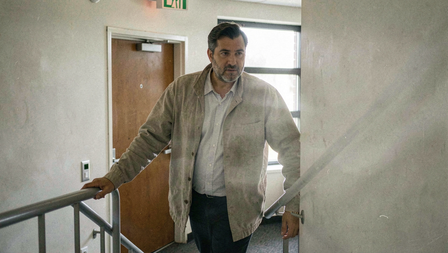 A man standing still on an office stair landing with one hand on the rail, a fire door and a strip window behind him