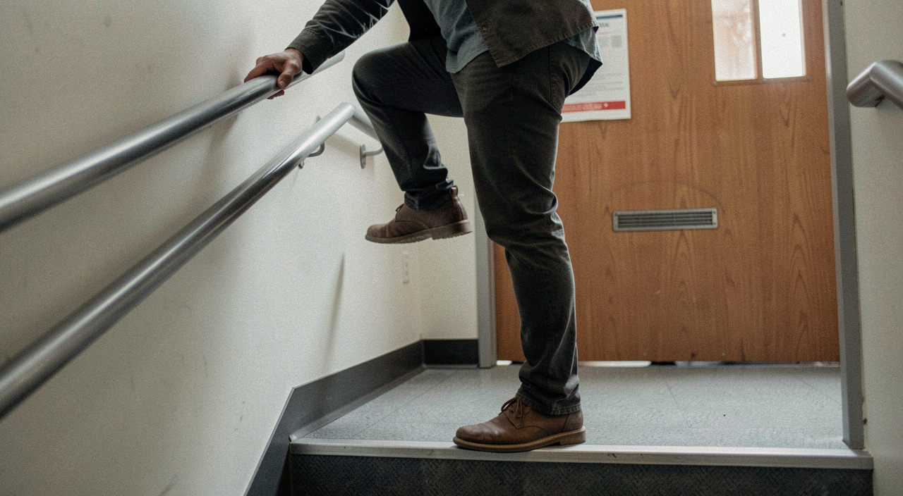 A person with one foot resting on the bottom step of an office stairwell, easing the hips forward, a handrail and a fire door behind