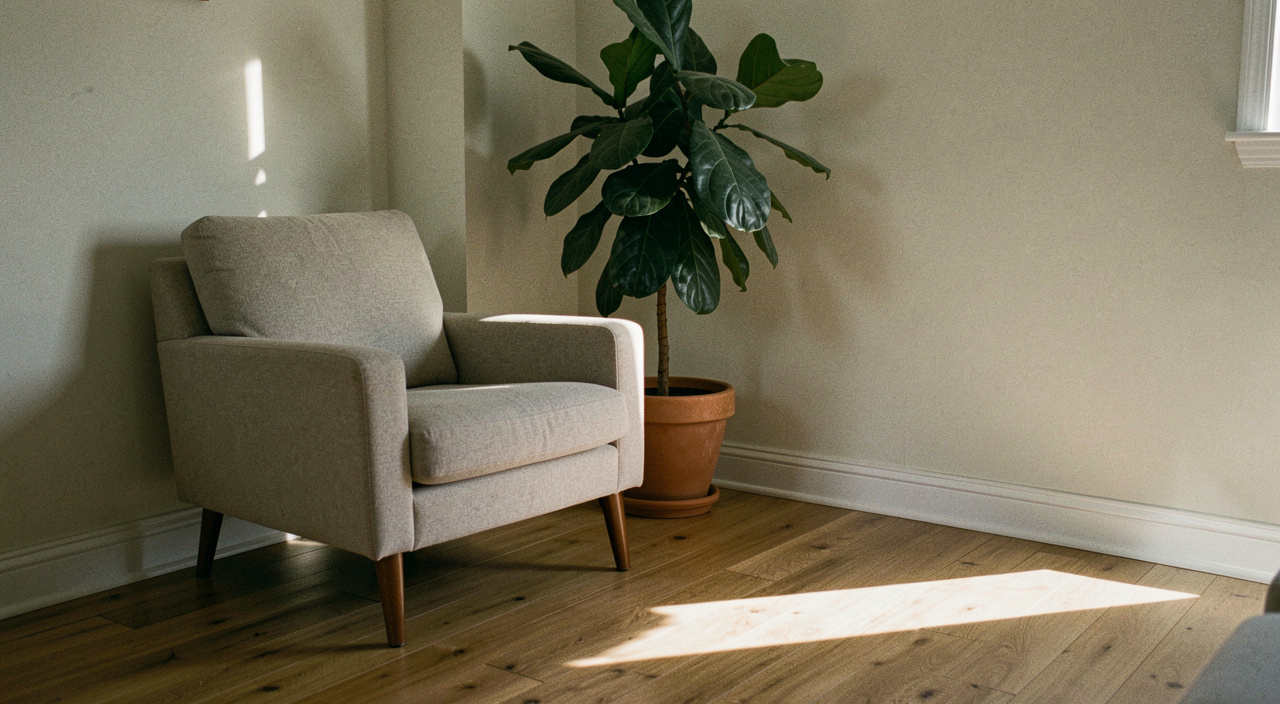 A corner of a living room in late afternoon sun with a low armchair, a large potted plant and a strip of light across the floorboards