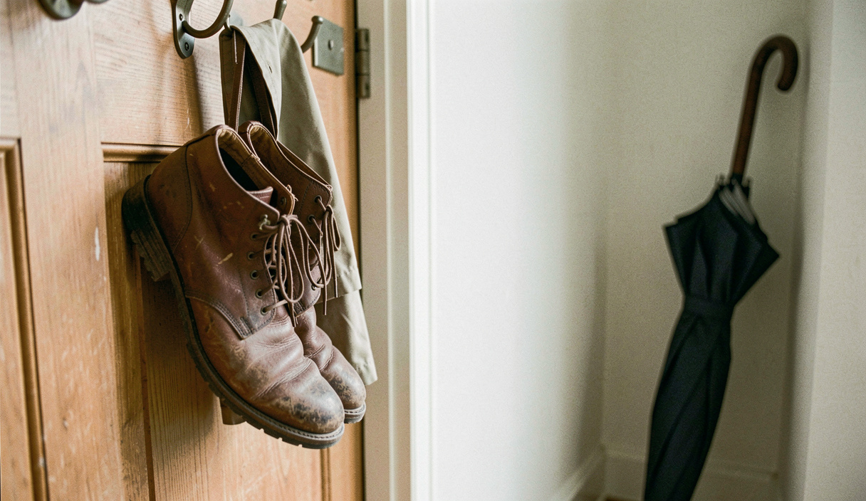 A pair of worn leather walking shoes and a folded raincoat on a hook by a front door, an umbrella leaning in the corner