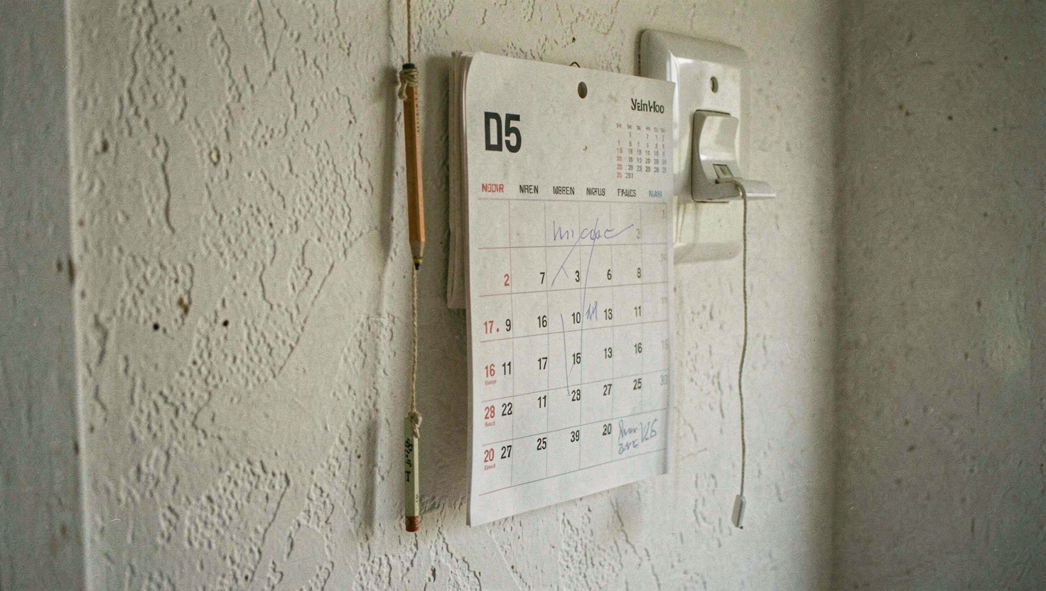 A paper wall calendar hanging by a light switch, a row of days crossed off in pencil, a chewed pencil hanging on a string