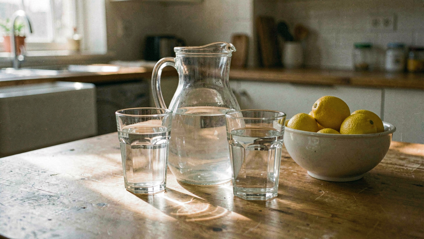 A plain glass jug of water and two tumblers standing in the middle of a kitchen table beside a bowl of lemons