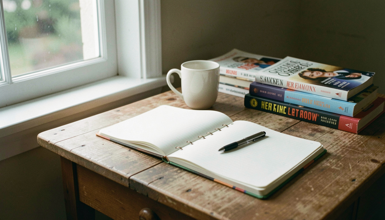 A writing desk beside a window in the morning with an open ruled notebook, a pen, a mug and a stack of paperbacks at the edge